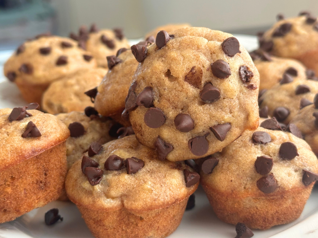 A plate of chocolate chip banana mini muffins
