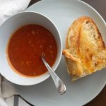 homemade tomato soup and sourdough grilled cheese