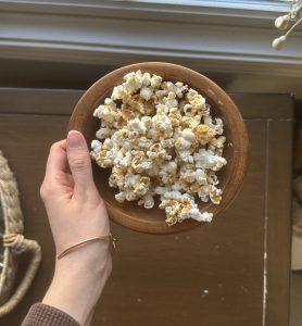 a bowl of healthy caramel popcorn